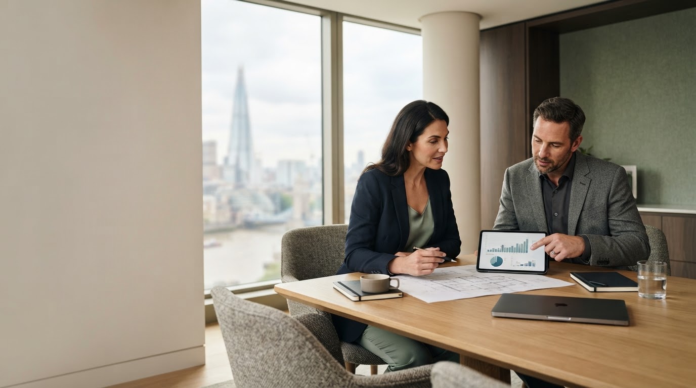 Ovendev platform user reviewing a calm, data-driven investment dashboard on a tablet